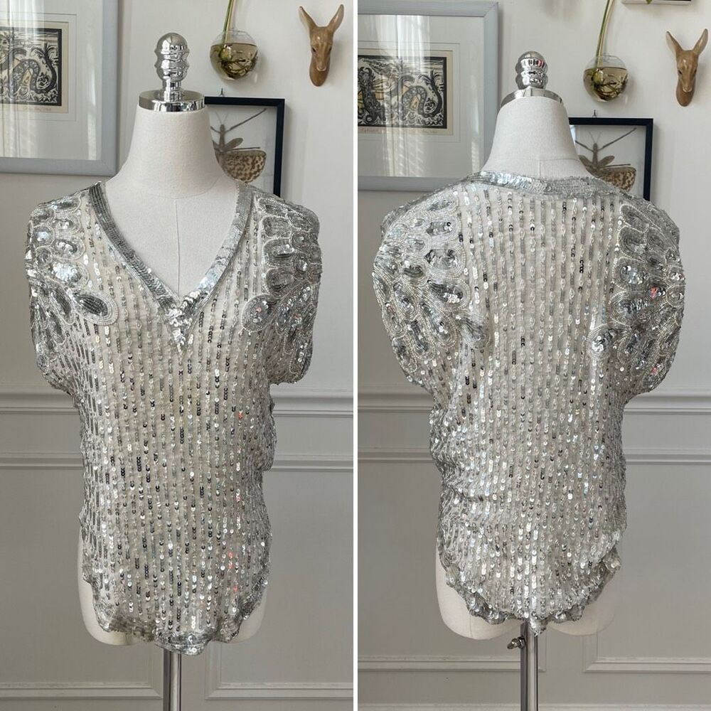 Vintage 70s Judith Ann Creations Ivory Silver Embellished Bling Sequins Pearl To